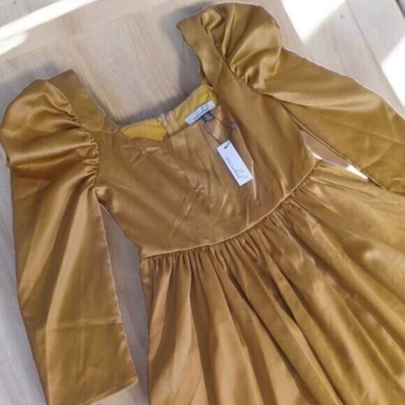 Revolve Mirabel Satin Effect Mini Babydoll Dress Gold Chartreuse Size S NWT - Picture 5 of 13